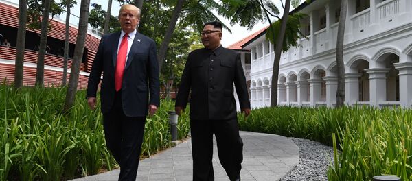 Líder norte-coreano, Kim Jong-un, e o presidente estadunidense, Donald Trump, passeiam pelo pátio do hotel Capella após o almoço de negócios, durante a cúpula histórica em Singapura, em 12 de junho de 2018 Líder norte-coreano, Kim Jong-un, e o presidente estadunidense, Donald Trump, passeiam pelo pátio do hotel Capella após o almoço de negócios, durante a cúpula histórica em Singapura, em 12 de junho de 2018 - Sputnik Brasil