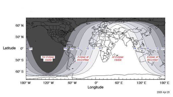 As zonas brancas indicam os melhores pontos para observar o eclipse lunar em 27 de julho de 2018 As zonas brancas indicam os melhores pontos para observar o eclipse lunar em 27 de julho de 2018 - Sputnik Brasil