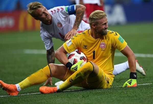 Kasper Schmeichel, goleiro da Dinamarca, no jogo contra a Croácia pelas oitavas de final da Copa do Mundo - Sputnik Brasil