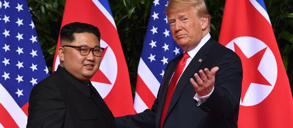 US President Donald Trump (R) gestures as he meets with North Korea's leader Kim Jong Un (L) at the start of their historic US-North Korea summit, at the Capella Hotel on Sentosa island in Singapore on June 12, 2018. - Sputnik Brasil