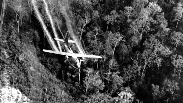 Avião C-123 da Força Aérea dos EUA voando baixo sobre rodovia no Vietnã do Sul e dissipando substâncias químicas sobre a selva - Sputnik Brasil