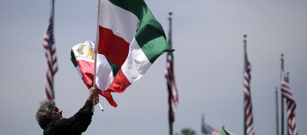 Um manifestante anônimo agitando bandeiras iranianas em Los Angeles, EUA (foto de arquivo) - Sputnik Brasil