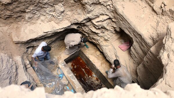 Arqueólogos desenterrando um sarcófago com três múmias em Alexandria, Egito, 19 de julho de 2018 - Sputnik Brasil