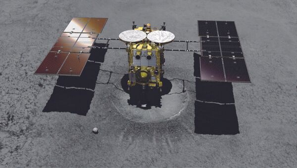 Sonda japonesa Hayabusa-2 se aproximando da cratera do asteroide (ilustração) - Sputnik Brasil