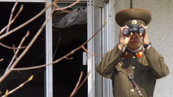 Soldado norte-coreano olha para o lado sul através de binóculos na vila fronteiriça de Panmunjom, na zona desmilitarizada que divide a Coreia do Norte e a Coreia do Sul, em 13 de abril de 2005 - Sputnik Brasil