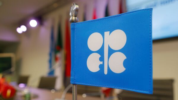 Uma bandeira com o logotipo da Organização dos Países Exportadores de Petróleo (OPEP) fotografada durante uma coletiva de imprensa na sede da OPEP em Viena, Áustria. - Sputnik Brasil