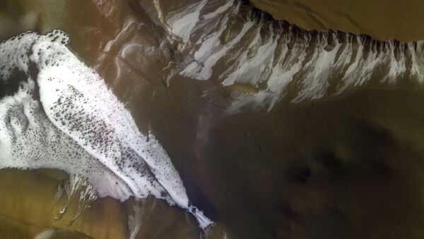 Imagem de cratera de Marte com sedimento de gelo seco tirada pela ExoMars Trace Gas Orbiter (TGO) - sonda conjunta da Agência Espacial Europeia (ESA) e da Agência Espacial Federal Russa (Roscosmos) - Sputnik Brasil