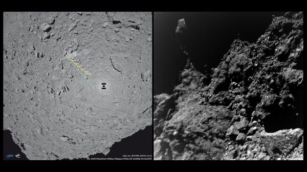 Mapa com deslocações (à esquerda) e a primeira foto transmitida pelo rover MASCOT desde o asteroide Ryugu - Sputnik Brasil