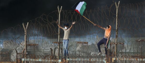 Manifestantes palestinos desfraldam bandeira na fronteira entre Israel e a Faixa de Gaza - Sputnik Brasil