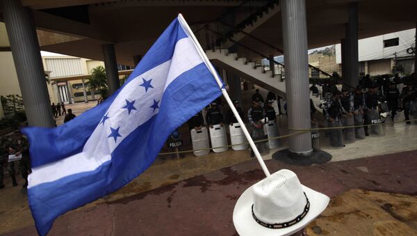 Homem ergue bandeira de Honduras durante protesto em Tegucigalpa, em 5 de novembro de 2009 - Sputnik Brasil