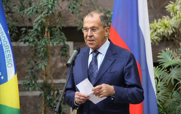 Chanceler russo Sergei Lavrov discursa durante a abertura da exposição dedicada ao 190° aniversário das relações bilaterais russo-brasileiras, no Ministério das Relações Exteriores da Rússia, em 26 de outubro de 2018 - Sputnik Brasil