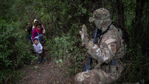 Um membro da Unidade Tática de Patrulha de Fronteira dos EUA (BORTAC) interpela uma família que cruza ilegalmente a fronteira entre o México e os EUA. - Sputnik Brasil