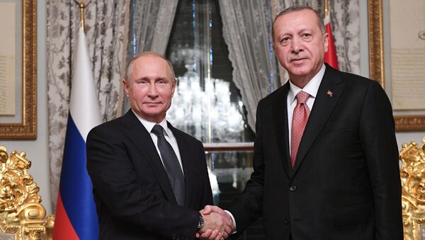 Presidente russo, Vladimir Putin, com seu homólogo turco, Recep Tayyip Erdogan, durante o encontro bilateral - Sputnik Brasil