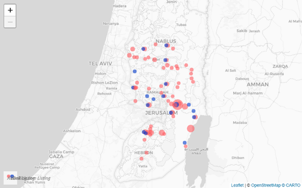 O mapa da Human Rights Watch mostra propriedades anteriormente disponíveis para aluguel pelo Airbnb na Cisjordânia (em pontos vermelhos), além dos imóveis atualmente ativos no Booking (pontos azuis). - Sputnik Brasil