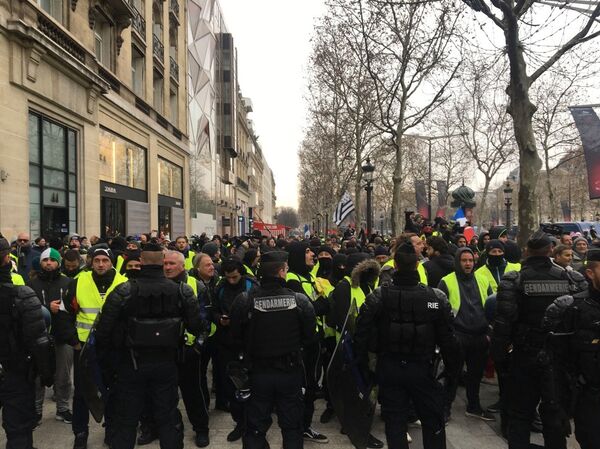 Agentes de gendarmaria bloqueiam participantes dos protestos nos Campos Elísios - Sputnik Brasil