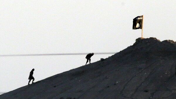 Jihadistas do grupo do Estado Islâmico são vistos depois de colocar a bandeira de seu grupo no topo de uma colina no lado leste da cidade de Kobani, na Síria. - Sputnik Brasil