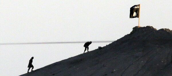 Jihadistas do grupo do Estado Islâmico são vistos depois de colocar a bandeira de seu grupo no topo de uma colina no lado leste da cidade de Kobani, na Síria. - Sputnik Brasil