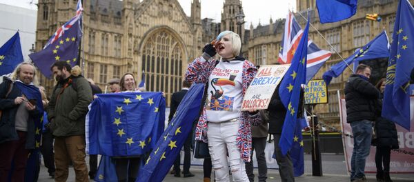 Manifestantes contra o Brexit ao lado do prédio do Parlamento em Londres - Sputnik Brasil
