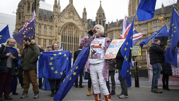 Manifestantes contra o Brexit ao lado do prédio do Parlamento em Londres - Sputnik Brasil