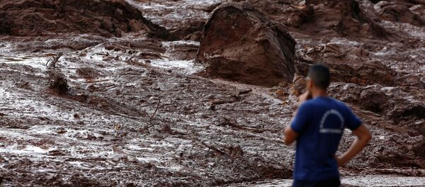 Trabalhador de resgate observa lama depois que uma barragem de propriedade da mineradora brasileira Vale SA explodiu, em Brumadinho. - Sputnik Brasil