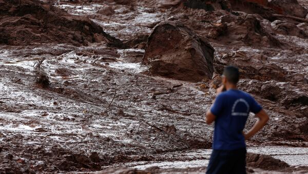 Trabalhador de resgate observa lama depois que uma barragem de propriedade da mineradora brasileira Vale SA explodiu, em Brumadinho. - Sputnik Brasil