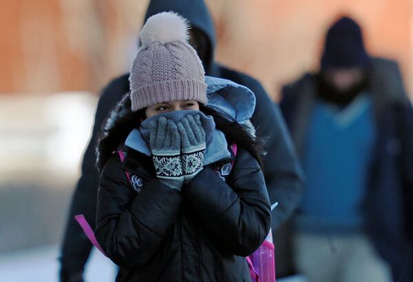 Estudante reage às temperaturas baixas fechando seu rosto com mãos pelo caminho à Universidade de Minnesota, EUA, em 29 de janeiro de 2019 - Sputnik Brasil