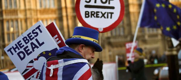 Manifestantes contra o Brexit ao lado do prédio do Parlamento em Londres Manifestantes contra o Brexit ao lado do prédio do Parlamento em Londres - Sputnik Brasil