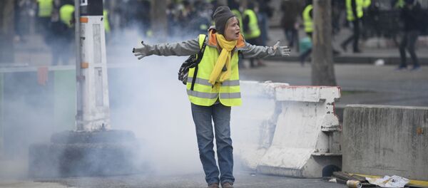 Manifestante em protestos dos coletes amarelos em Paris - Sputnik Brasil