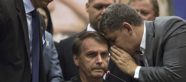 O então presidenciável Jair Bolsonaro e Gustavo Bebianno durante evento da campanha em 2018. - Sputnik Brasil