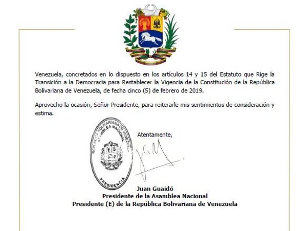 Assinatura de Juan Guaidó no pedido enviado ao presidente da Suíça - Sputnik Brasil