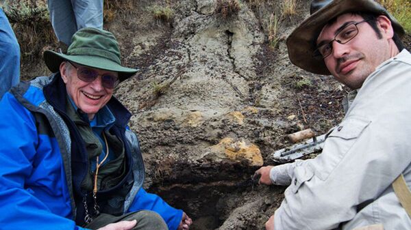 Cientistas Walter Alvarez e Robert DePalma no depósito fóssil de Tanis, na Dakota do Norte, EUA - Sputnik Brasil