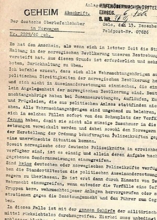 Cópia da primeira página da carta do general Nikolaus von Falkenhorst às tropas, que está no livreto publicado pelo governo britânico - Sputnik Brasil