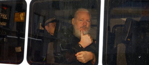 Fundador do WikiLeaks, Julian Assange, dentro de carro da polícia após detenção perto da embaixada do Equador em Londres - Sputnik Brasil