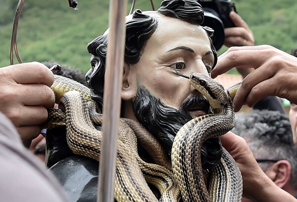 Pessoas retirando as cobras da estátua de São Domingos de Gusmão durante a celebração do festival anual dos Serpari nas ruas da vila italiana de Cocullo - Sputnik Brasil