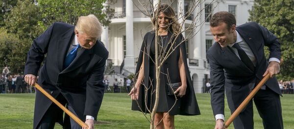 Presidente dos EUA Donald Trump, sua esposa Melania e presidente da França Emmanuel Macron plantam carvalho no gramado em frente à Casa Branca Presidente dos EUA Donald Trump, sua esposa Melania e presidente da França Emmanuel Macron plantam carvalho no gramado em frente à Casa Branca - Sputnik Brasil