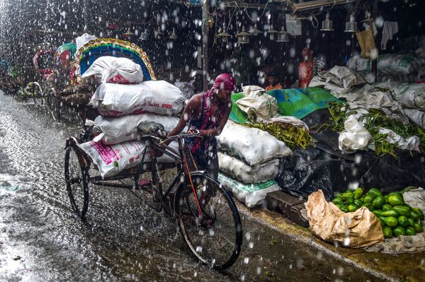 Homem caminha com ciclo-riquixá debaixo de chuva forte em Dhaka, Bangladesh, 30 de junho de 2019 - Sputnik Brasil