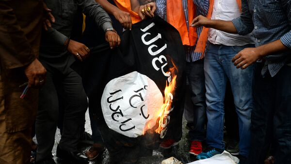 Ativistas do grupo indiano Hindu Sena, da direita, queimam uma bandeira do grupo jihadista Daesh, o autoproclamado Estado Islâmico, em Nova Deli, Índia - Sputnik Brasil