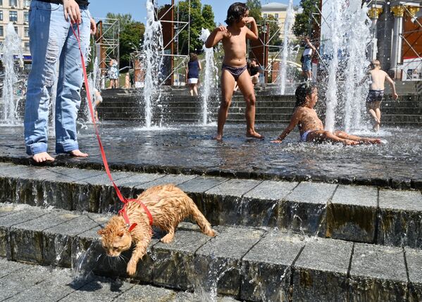 Moradores da capital ucraniana se banhando na fonte na Praça da Independência, em Kiev, em um dia de grande calor  - Sputnik Brasil