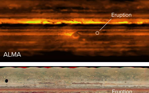 Mapa plano de Júpiter em ondas de rádio com o ALMA (acima) e luz visível com o Telescópio Espacial Hubble (abaixo). A erupção no Cinturão Equatorial Sul é visível em ambas as imagens Mapa plano de Júpiter em ondas de rádio com o ALMA (acima) e luz visível com o Telescópio Espacial Hubble (abaixo). A erupção no Cinturão Equatorial Sul é visível em ambas as imagens - Sputnik Brasil