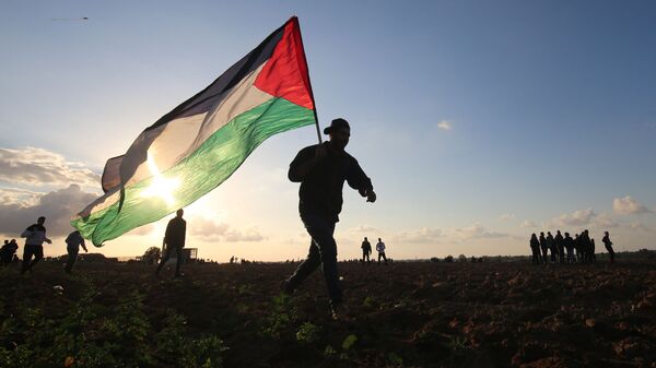 Homem carrega bandeira da Palestina na Faixa de Gaza. - Sputnik Brasil