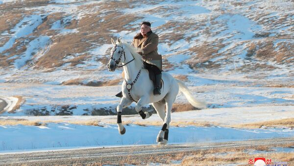 Líder norte-coreano Kim Jong-un cavalga um cavalo branco no monte nevado Paektu, em 16 de outubro de 2019 - Sputnik Brasil