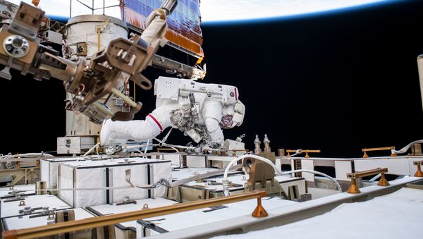 O astronauta da NASA Andrew Morgan trabalha enquanto amarrado na seção Port 6 da Estação Espacial Internacional - Sputnik Brasil