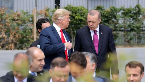 Presidente norte-americano Donald Trump fala com o seu homólogo turco antes de conferência da OTAN.  - Sputnik Brasil