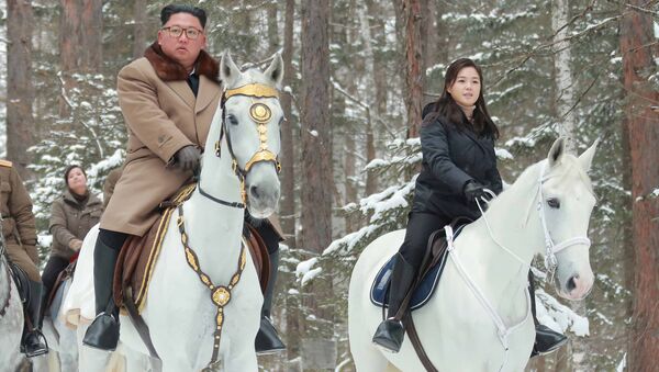 O líder norte-coreano, Kim Jong-un, montado em cavalo enquanto visita locais de batalha em áreas do monte Paektu, Ryanggang, Coreia do Norte, 4 de dezembro de 2019 - Sputnik Brasil