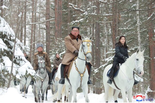 O líder norte-coreano, Kim Jong-un, montado em um cavalo enquanto visita locais de batalha em áreas do monte Paektu, Ryanggang, Coreia do Norte - Sputnik Brasil