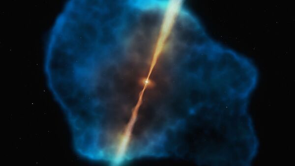 Halo de hidrogênio (azul) cercando o quasar (cor-de-laranja) nos primórdios do Universo - Sputnik Brasil