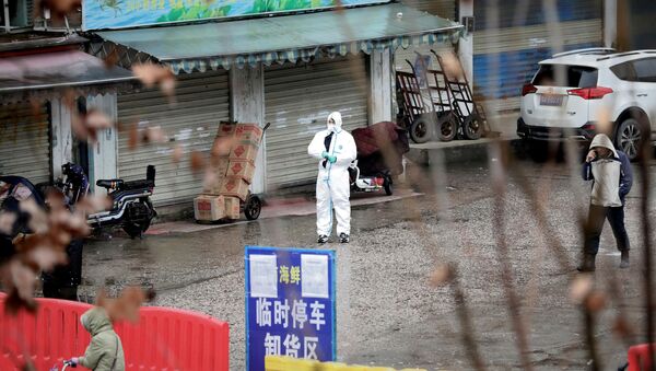 Um trabalhador de traje protector é visto no mercado de mariscos fechado em Wuhan, China - Sputnik Brasil