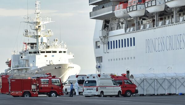 Bombeiros e ambulâncias perto do navio de cruzeiro Diamond Princes em quarentena no porto japonês de Yokohama, em 7 de fevereiro de 2020 - Sputnik Brasil