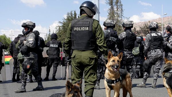 Em La Paz, na Bolívia, Policiais com cachorros durante evento de celebração de São Roque, padroeiro dos animais de estimação. - Sputnik Brasil