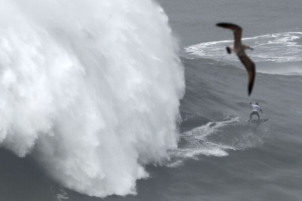 Sebastian Steudtner da Alemanha surfando durante a Tow Surfing Challenge, em Nazaré - Sputnik Brasil